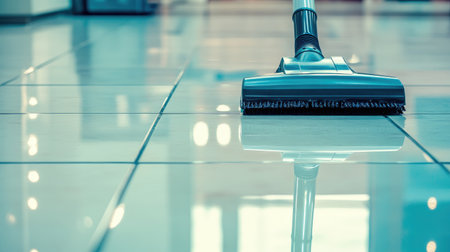 A close-up view of a vacuum cleaner head on a glossy tile floor, showcasing the reflection and shine. This image highlights cleanliness and modern home care.の素材