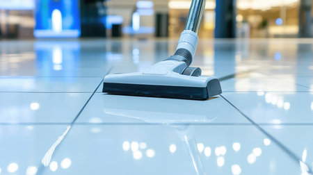 A close-up view of a vacuum cleaner working on a shiny tile floor, showcasing the cleaning process in a bright indoor environment. Ideal for promoting cleanliness.の素材