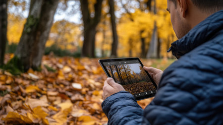 A man engages with a tablet in a serene forest, surrounded by vibrant autumn foliage. The scene captures the beauty of nature and technology harmoniously.の素材