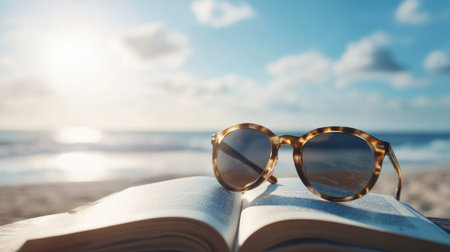 A pair of stylish sunglasses rests on an open book at the beach, capturing a moment of relaxation and adventure against a picturesque ocean backdrop.の素材