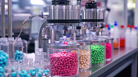 A close-up view of a modern candy production line showcasing vibrant jars filled with colorful sweets, highlighting the advanced machinery used in the manufacturing process.の素材