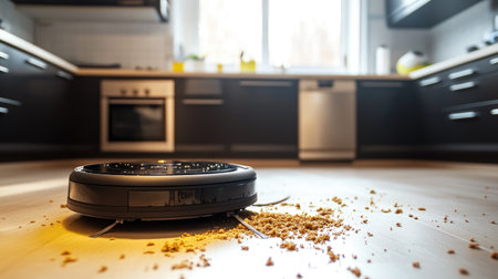 A robot vacuum cleaner is efficiently removing crumbs from a stylish, modern kitchen floor, showcasing advanced cleaning technology in a bright space.の素材