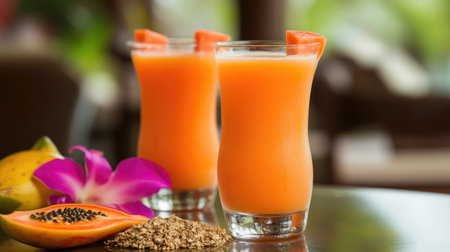 Enjoy a refreshing tropical smoothie made with fresh papaya, served in elegant glasses. Perfect for summer gatherings, this vibrant drink embodies health and flavor.の素材