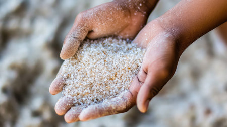 A serene image of hands gently cupping fine sand, showcasing its texture and grains. This moment captures the beauty of nature and the joy of tactile experiences.の素材