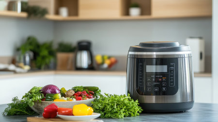 A modern kitchen featuring a sleek multi-function cooker surrounded by a colorful array of fresh vegetables, promoting healthy cooking and meal preparation.の素材