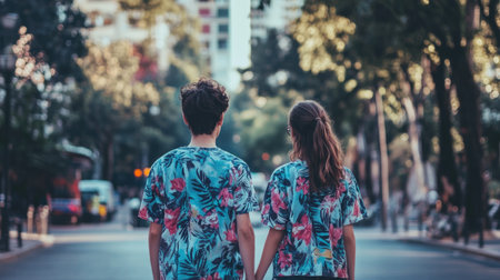 A young couple walks hand in hand on a sunny street, wearing vibrant tropical shirts. The scene captures joy and connection amidst urban greenery.の素材