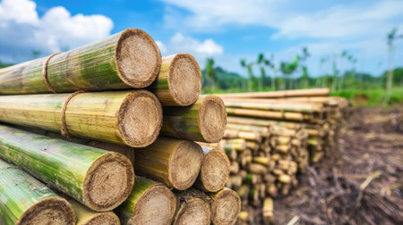 Vibrant sugarcane stalks stacked neatly under a blue sky, showcasing the beauty of rural agriculture. An ideal representation of farming and harvest.の素材