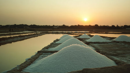 Beautiful salt fields at sunset showcase white salt piles against a stunning sky. This serene landscape captures the essence of nature's bounty and tranquility.の素材