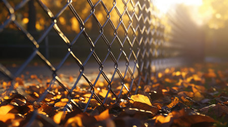 A picturesque view of autumn leaves scattered on the ground next to a chain link fence, illuminated by the warm glow of sunset, creating a serene atmosphere.の素材