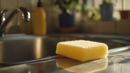 A bright yellow sponge rests on a kitchen sink, embodying cleanliness and efficiency. Ideal for cleaning tasks, this tool enhances any domestic space.の素材