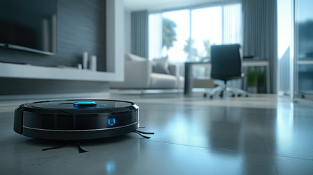 A robotic vacuum cleaner operates on a sleek hardwood floor in a modern living room, showcasing advanced cleaning technology in a stylish interior setting.の素材