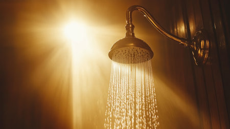 A stunning golden showerhead releases glimmering water droplets in a serene bathroom. The radiant light creates a tranquil atmosphere perfect for relaxation.の素材