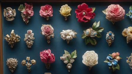 A stunning collection of vintage floral brooches displayed elegantly. Each piece features intricate designs, vibrant colors, and fine craftsmanship, showcasing beauty and artistry.の素材