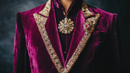 This striking close-up features an elegant purple velvet suit adorned with intricate gold embellishments, capturing the essence of luxury and sophisticated style.の素材