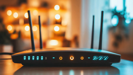 A modern wireless router with glowing LED indicators sits elegantly on a table, highlighting its technology in a cozy home environment. Perfect for illustrating connectivity and innovation.の素材