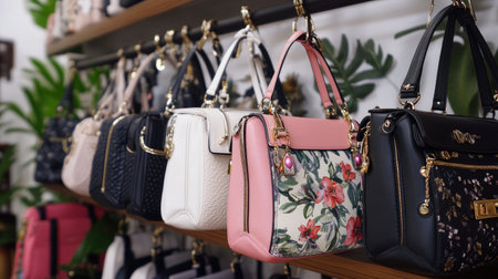 A vibrant selection of stylish handbags on display in a modern boutique, showcasing diverse designs and elegant floral patterns in a chic retail environment.の素材