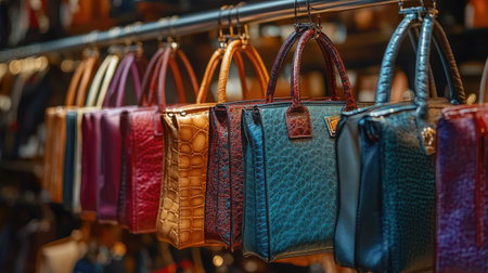 A stunning array of colorful handbags displayed elegantly in a boutique, showcasing various designs and textures, perfect for fashion enthusiasts and retail inspiration.の素材