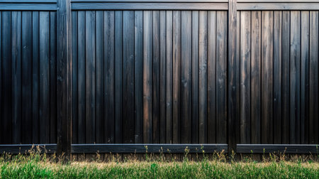 A close-up view of a black wooden fence set against fresh green grass, capturing a modern design for urban and rural gardens, ideal for outdoor aesthetics.の素材