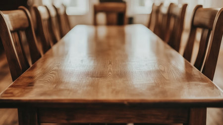A wooden dining table surrounded by chairs bathed in natural light, creating a cozy and inviting atmosphere. Perfect for family gatherings and everyday meals.の素材