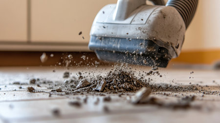 A vacuum cleaner effortlessly removes dust and debris from a wooden floor, showcasing efficient cleaning in a modern household environment, emphasizing hygiene and maintenance.の素材