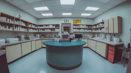 A modern pharmacy interior showcasing neatly organized shelves filled with various medications. The bright and clean space is designed for efficient patient care and healthcare services.の素材
