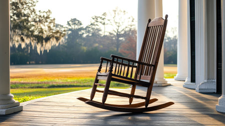 A beautiful wooden rocking chair sits on a porch, basking in warm sunlight. This serene image captures the essence of southern comfort and timeless tranquility.の素材
