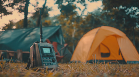 A portable radio sits on grass, surrounded by a serene camping scene with a vibrant tent and rustic chairs, perfect for outdoor adventures and relaxation.の素材