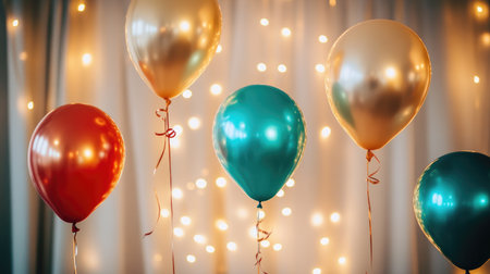 Colorful balloons in red, gold, and teal float against a sparkling backdrop, creating a vibrant atmosphere perfect for any festive celebration or gathering.の素材