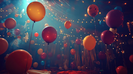A vibrant scene filled with colorful balloons floating in a festive atmosphere, illuminated by warm lights. Perfect for party themes and celebrations.の素材