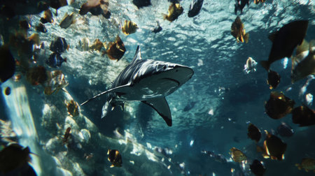 A stunning shark glides effortlessly through a vibrant underwater scene, surrounded by a multitude of colorful tropical fish, showcasing the beauty of marine life.の素材