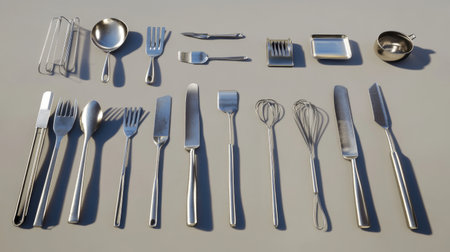 A stylish arrangement of various stainless steel kitchen utensils showcasing essential tools for cooking and dining in a clean and organized display.の素材