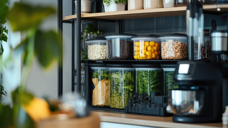 A modern kitchen storage setup showcasing organized shelves filled with clear containers of fresh ingredients, promoting a tidy and functional cooking space.の素材