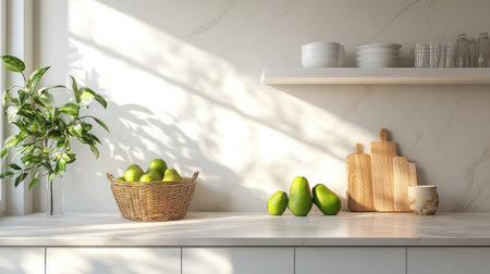 A serene kitchen scene featuring vibrant green avocados, a woven basket, and soft sunlight filtering through the windows, creating a warm and inviting atmosphere.の素材