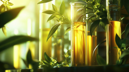 A serene laboratory scene featuring glass test tubes filled with golden liquid, surrounded by lush green plants. The sunlight enhances the organic beauty and freshness of the setting.の素材
