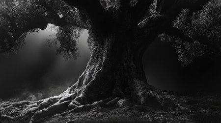 A striking black and white image of a majestic tree, showcasing its intricate roots and textured bark, evoking feelings of tranquility and mystery in nature.の素材