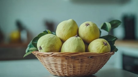 A beautiful arrangement of fresh yellow quinces in a woven basket on a kitchen counter. Perfect for culinary enthusiasts and healthy cooking.の素材