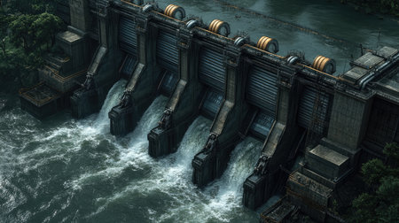 Aerial view of a modern dam showcasing powerful water flow through large turbines and gates. This image emphasizes engineering and energy production.の素材