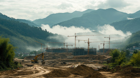 A construction site set against a stunning mountainous backdrop, showcasing cranes and machinery among fog and earthworks, indicating urban development progress.の素材
