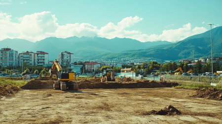 A vibrant construction site showcasing heavy machinery operating against a backdrop of mountains and a bustling city. The image captures the essence of urban development and progress.の素材