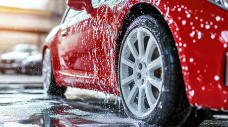 A vibrant red car is being cleaned at a wash station, showcasing bubbles and foam on its wheels. The water spray adds a fresh and shiny look.の素材