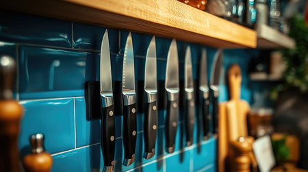 A focused shot of sharp kitchen knives secured on a stylish rack, set against a vibrant blue tile wall. This image captures the essence of culinary organization.の素材