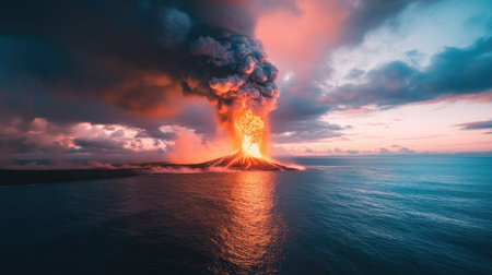 A dramatic scene of a volcano erupting at dusk, showcasing vibrant lava flows and thick clouds of smoke against a colorful sky, creating a breathtaking natural spectacle.の素材