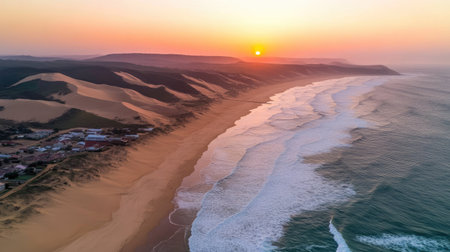 Witness an enchanting aerial view capturing the sunset over a stunning beach lined with majestic sand dunes. The tranquil waves reflect the warm colors of dusk, creating a serene ambiance.の素材