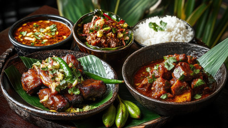 A vibrant spread of Asian dishes showcases rich flavors and colorful ingredients. Featuring tender meat, fragrant herbs, and steamed rice, this meal invites culinary adventure.の素材
