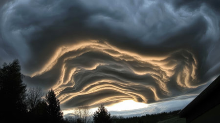 This captivating image showcases a dramatic overcast sky with a unique swirling cloud pattern accented by golden edges, creating a breathtaking natural scene.の素材