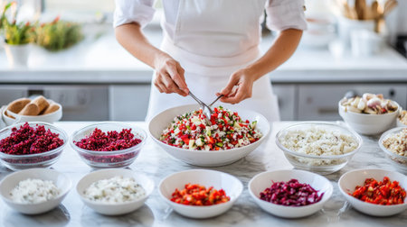 A vibrant scene of a chef preparing a fresh vegetable salad in a bright kitchen. Various colorful ingredients are artfully arranged, showcasing healthy cooking.の素材