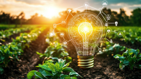 A vibrant agricultural scene showcasing a glowing light bulb symbolizing innovation in farming technology amidst lush green crops under a sunset.の素材