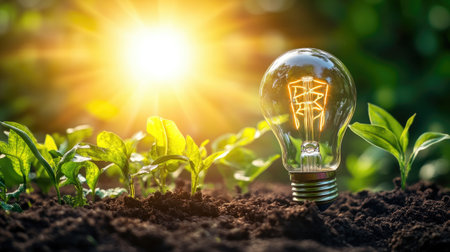 A glowing light bulb emerges from rich soil, surrounded by vibrant green plants. Sunlight enhances the scene, symbolizing growth and sustainability.の素材