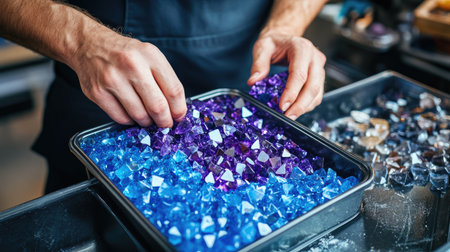 A close-up view of hands carefully sorting vibrant blue and purple crystals in a creative workshop. The focus on manual craftsmanship highlights the beauty of art.の素材