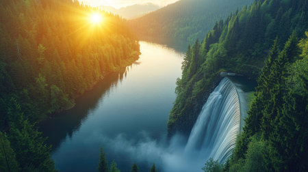 Stunning view of a cascading waterfall in a lush forest at sunrise. This serene landscape captures the beauty of nature and its peaceful surroundings.の素材